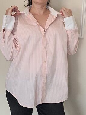 Vintage Women's Lauren Ralph Lauren Stripped Pink and White dress Shirt XL